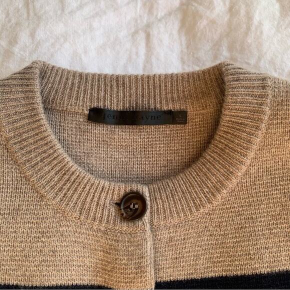 Jenni Kayne Cooper Button Wool Cashmere Knit Cardigan Sweater Taupe Navy Stripe - Picture 6 of 11